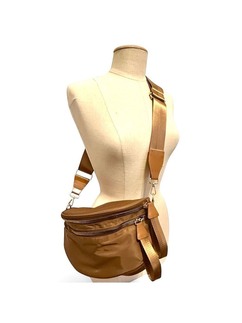 Chocolate Nylon Double Zip Crossbody Bag NWT